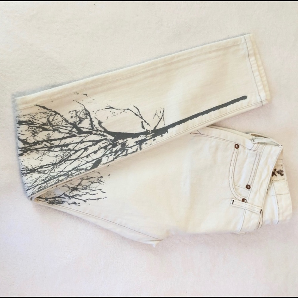 4 Stroke Winter White “The Rose” Jeans with grey painted tree detail.